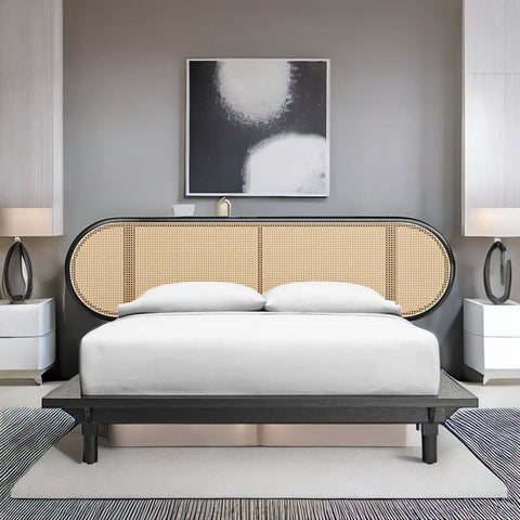 Jaipuri Modern Rattan Cane Solid Wood Bed | Handcrafted Bedroom Furniture – Oakvello