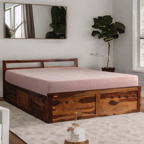 Teak Finish Solid Sheesham Wood Bed with Box Storage | Bedroom Furniture – Oakvello