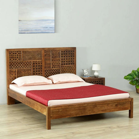 Teak Finish Solid Mango Wood Bed | Premium Bedroom Furniture – Oakvello