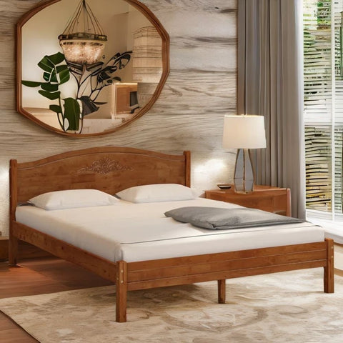 Honey Finish Solid Wood Double Bed Frame | Warm Tone Bedroom Furniture – Oakvello