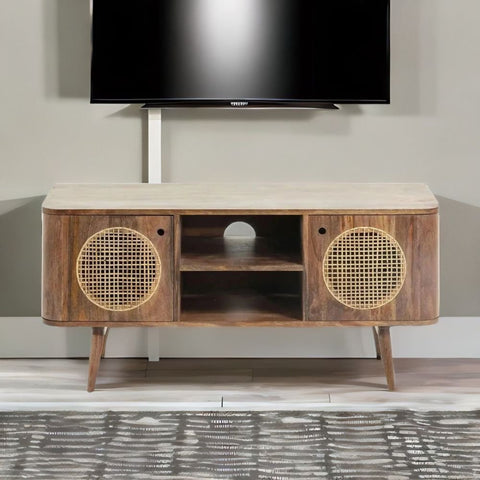 Solid Mango Wood TV Unit with 2 Open Shelves | Media Console – Oakvello