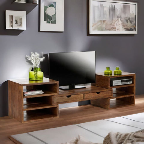 Solid Sheesham Wood TV Unit | 2 Drawers, 6 Adjustable Open Shelves & Sliding Storage – Oakvello