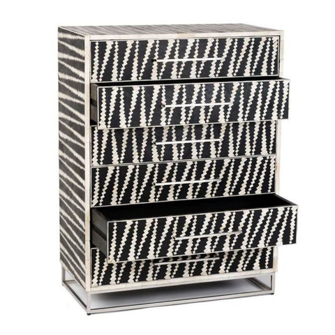 Jaipuri Black & White Bone Inlay 6-Drawer Chest | Artisan Bedroom Dresser – Oakvello