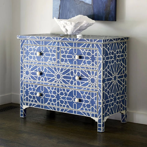 Blue Bone Inlay 4-Drawer Chest | Handcrafted Artisan Bedroom Storage – Oakvello