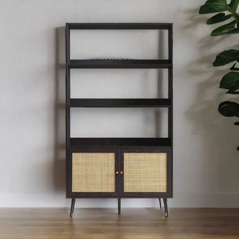 Ajmeri Black Rattan Solid Wood Bookshelf | Boho Living Room Storage – Oakvello