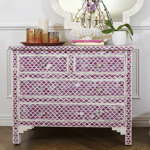 Pink Bone Inlay 4-Drawer Chest | Handcrafted Artisan Bedroom Storage – Oakvello