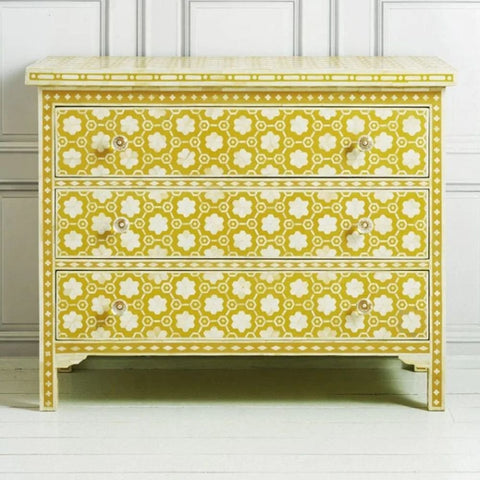 Yellow Floral Bone Inlay 3-Drawer Chest | Handcrafted Artisan Bedroom Storage – Oakvello