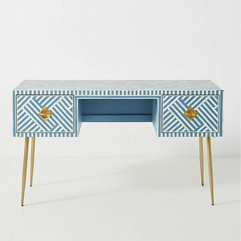 Ajmeri Sky Blue Bone Inlay Console Desk with 2 Drawers – Oakvello