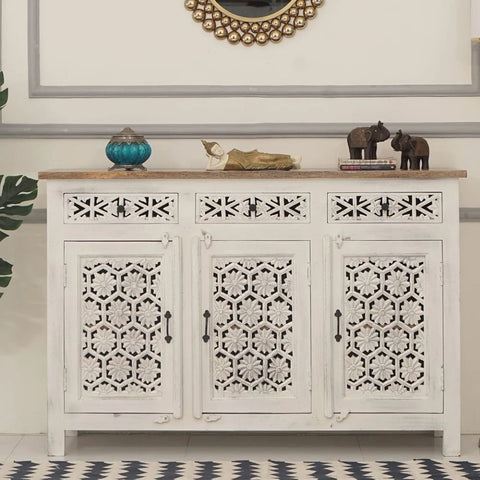 3-Door White Finish Solid Mango Wood Cabinet | Living Room Storage – Oakvello
