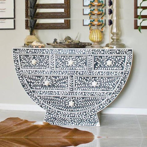 Ajmeri Black Bone Inlay Curved Console Table | Artisan Entryway Furniture – Oakvello