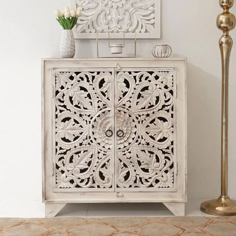 2-Door Sideboard Cabinet | White Finish Solid Wood Storage – Oakvello