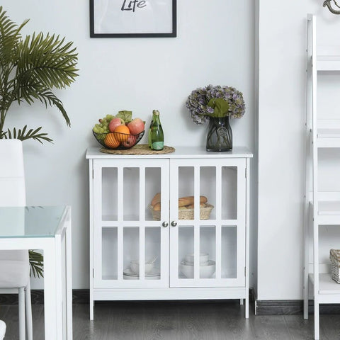 White Sideboard with Glass Doors | Solid Wood Living Room Storage – Oakvello