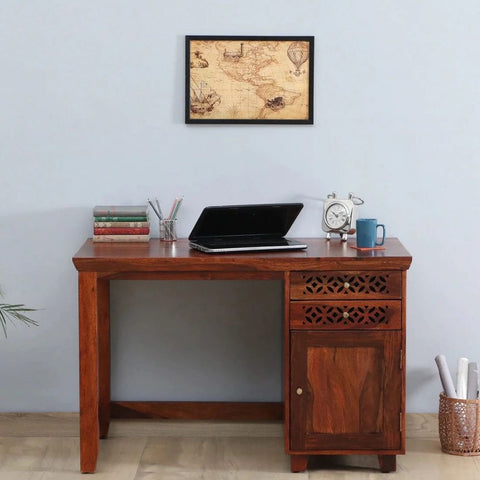 Honey Oak Finish Solid Sheesham Wood Writing Table | Home Office Desk – Oakvello