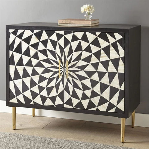 Jodhpuri Black & White Bone Inlay Cabinet | Artisan Storage Furniture – Oakvello