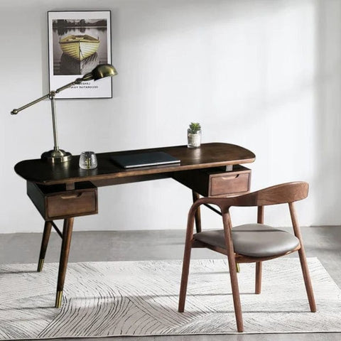 Mid-Century Solid Walnut Wood Writing Desk with 2 Drawers | Home Office Furniture – Oakvello