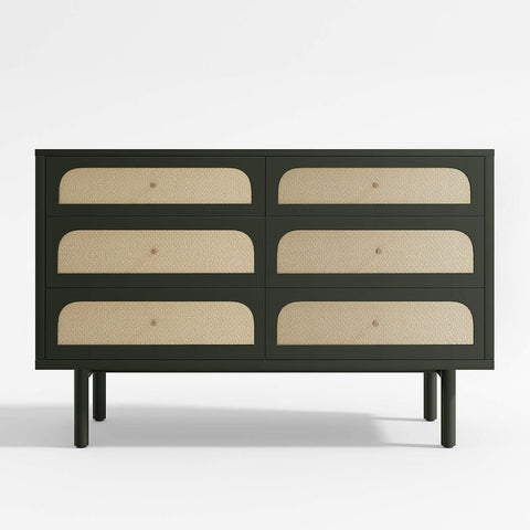 Maren Olive Green Cane Wood 6-Drawer Dresser | Boho Bedroom Storage – Oakvello