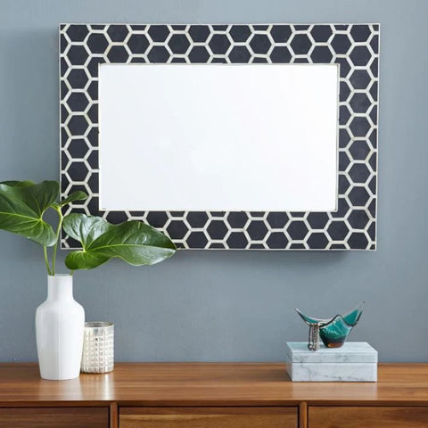 Black Honeycomb Bone Inlay Mirror | Handcrafted Artisan Wall Decor – Oakvello