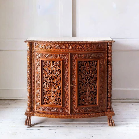 Floral Carved Solid Teak Wood Sideboard | Traditional Luxurious Living Room Storage – Oakvello