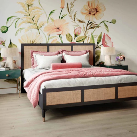 Florence Solid Wood Cane Bed | Handcrafted Rattan Bedroom Furniture – Oakvello