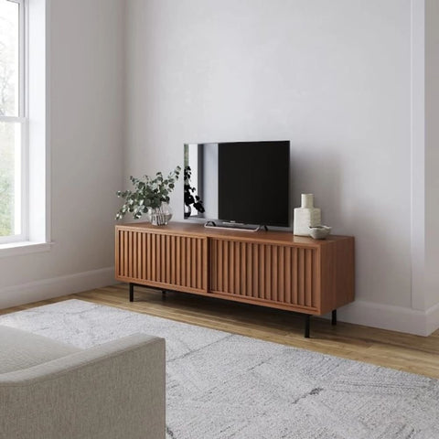 Slatted Solid Wood Media Console Table | TV Stand & Living Room Storage – Oakvello