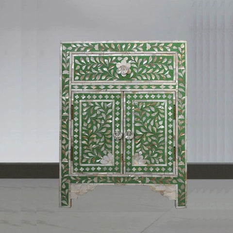 Green Floral Mother of Pearl Bedside Table | 1 Drawer & 2 Door Bedroom Nightstand – Oakvello
