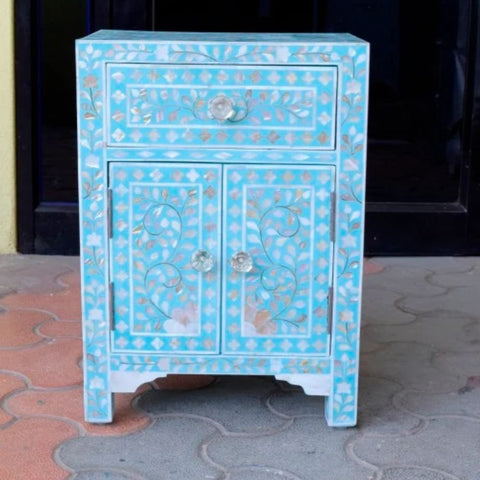 Blue Floral Mother of Pearl Bedside Table | 1 Drawer & 2 Door Bedroom Nightstand – Oakvello