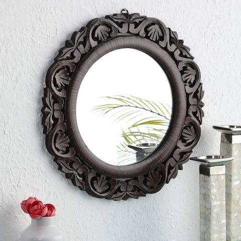 Brown Handcrafted Round Vanity Wall Mirror | 16x16 Inch Framed Wood – Oakvello