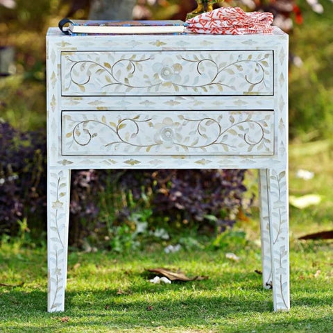 White Mother of Pearl 2-Drawer Long Leg Bedside Table | Handcrafted Artisan Nightstand – Oakvello