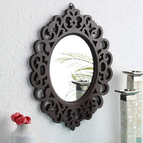 Brown Engineered Wood Wall Mount Mirror | 18x14 Inch Bedroom Decor – Oakvello