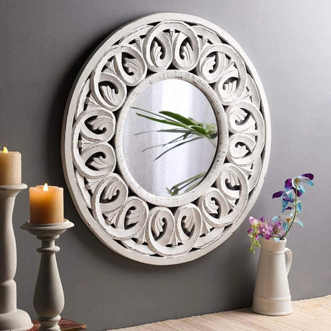 White Handcrafted Solid Wood Wall Mirror | Artisan Bedroom Decor – Oakvello
