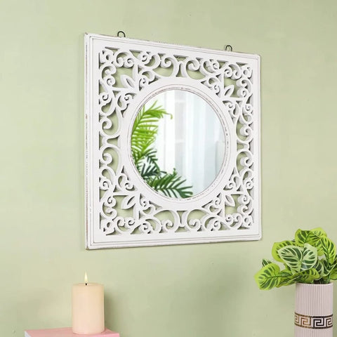 White Solid Wood Wall Mirror | Bathroom & Living Room Decor – Oakvello