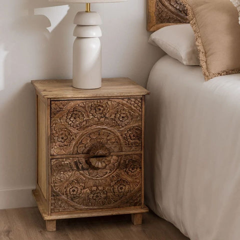 Wiluna Solid Mango Wood Bedside Table with Drawers | Bedroom Nightstand – Oakvello