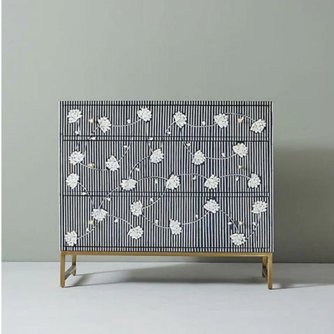 Jodhpuri Navy Blue Bone Inlay Chest of Drawers | Artisan Bedroom Dresser – Oakvello