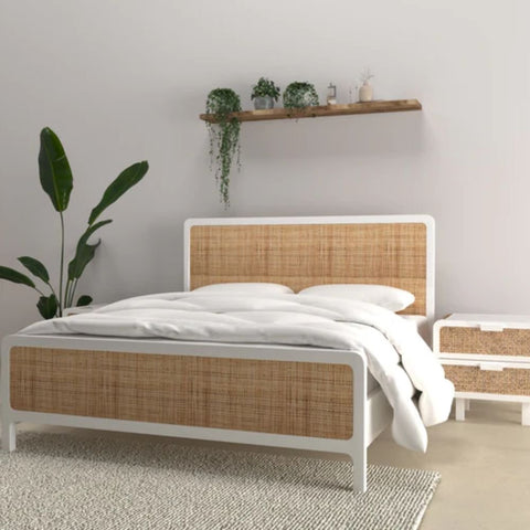Solid Wood & Rattan Cane Bed | Handcrafted Boho Bedroom Furniture – Oakvello