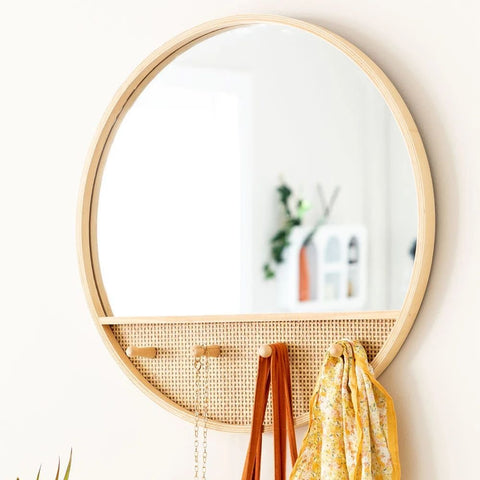 Tinka Round Solid Wood Wall Mirror with Hooks | Entryway & Bedroom Decor – Oakvello