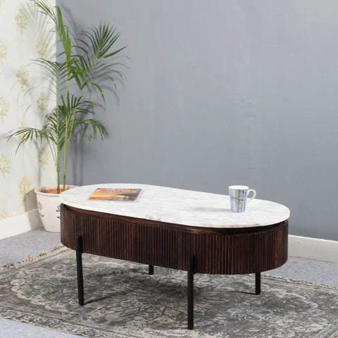 Jaipuri Fluted Mango Wood Coffee Table | Marble Top & Metal Legs – Oakvello