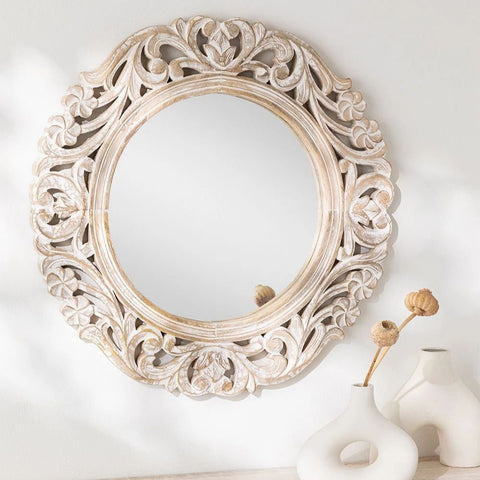 Zargor Round Solid Mango Wood Wall Mirror | Decorative Bedroom & Living Room Decor – Oakvello