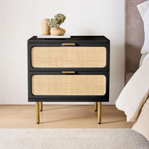 Ida Woven Rattan Bedside Table | Solid Wood Boho Nightstand – Oakvello