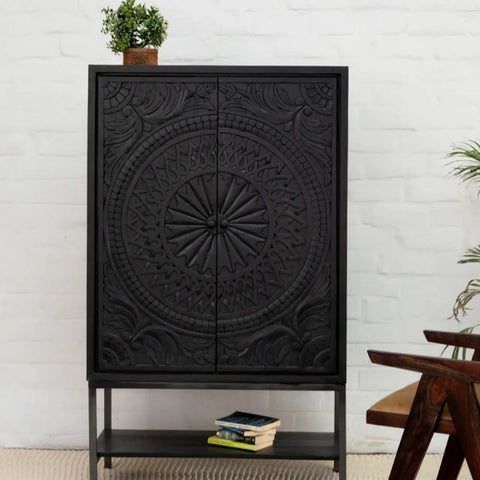 Jodhpuri Black Carved Solid Wood Cabinet | Handcrafted Storage Furniture – Oakvello