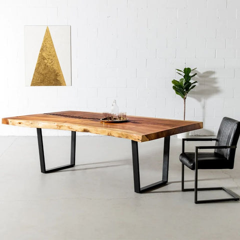 Live Edge Suar Wood Table | Natural Finish with Black U-Shaped Legs – Oakvello