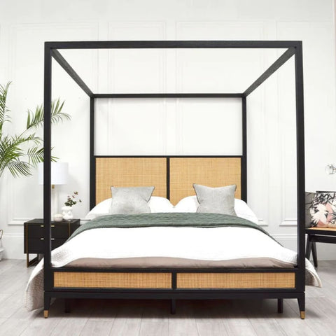 Lucia Solid Wood Rattan 4-Poster Bed | Handcrafted Luxury Bedroom Furniture – Oakvello