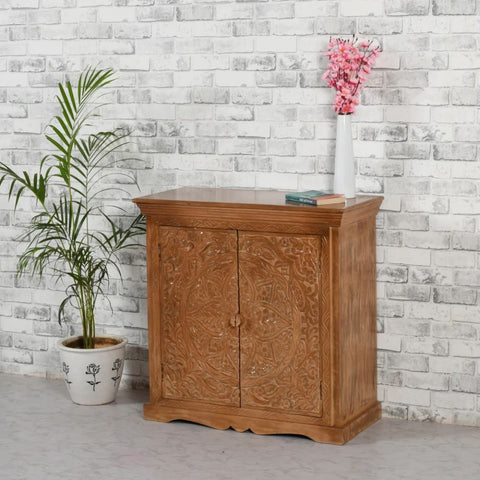 Jaipuri Carved Mango Wood 2-Door Sideboard | Handcrafted Living Room Storage – Oakvello