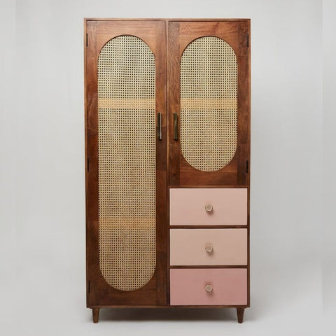Rattan & Solid Wood Wardrobe | Boho Bedroom Storage Furniture – Oakvello