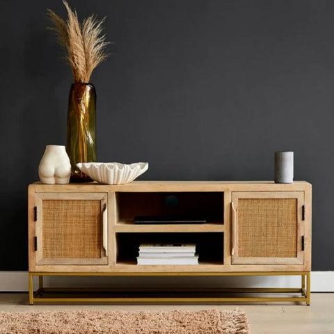 Rattan Webbed Solid Wood TV Unit | Boho Media Console & Living Room Storage – Oakvello