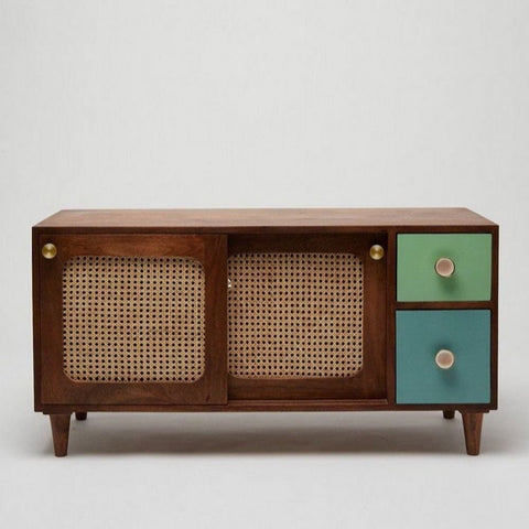 Rattan & Solid Wood TV Cabinet | Boho Media Console & Living Room Storage – Oakvello