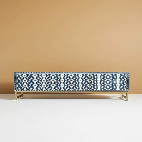 Jaipuri Indigo Blue Bone Inlay TV Unit | Handcrafted Media Console – Oakvello