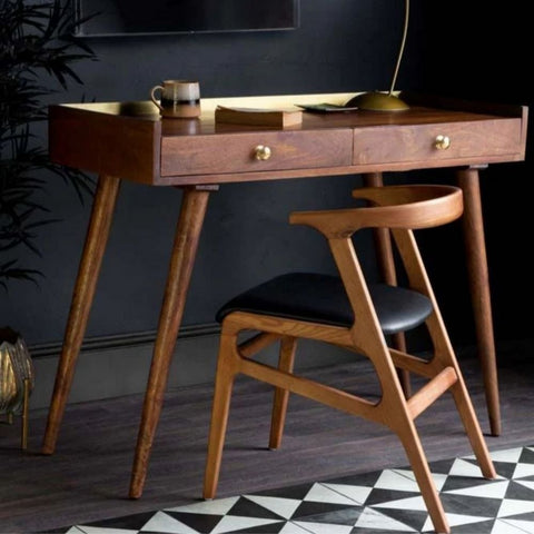 Retro Gold Solid Wood Study Desk | Home Office Writing Table – Oakvello