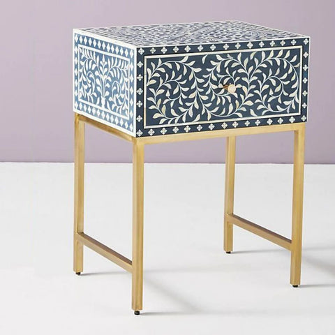 Jaipuri Dark Blue Bone Inlay Bedside Table | Handcrafted Nightstand – Oakvello