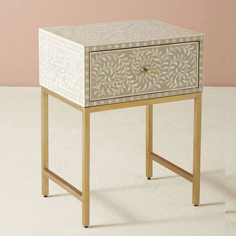Kota Grey Bone Inlay Bedside Table | Handcrafted Artisan Nightstand – Oakvello