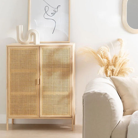 Reyna Rattan & Solid Wood 2-Door Sideboard | Boho Living Room Storage – Oakvello